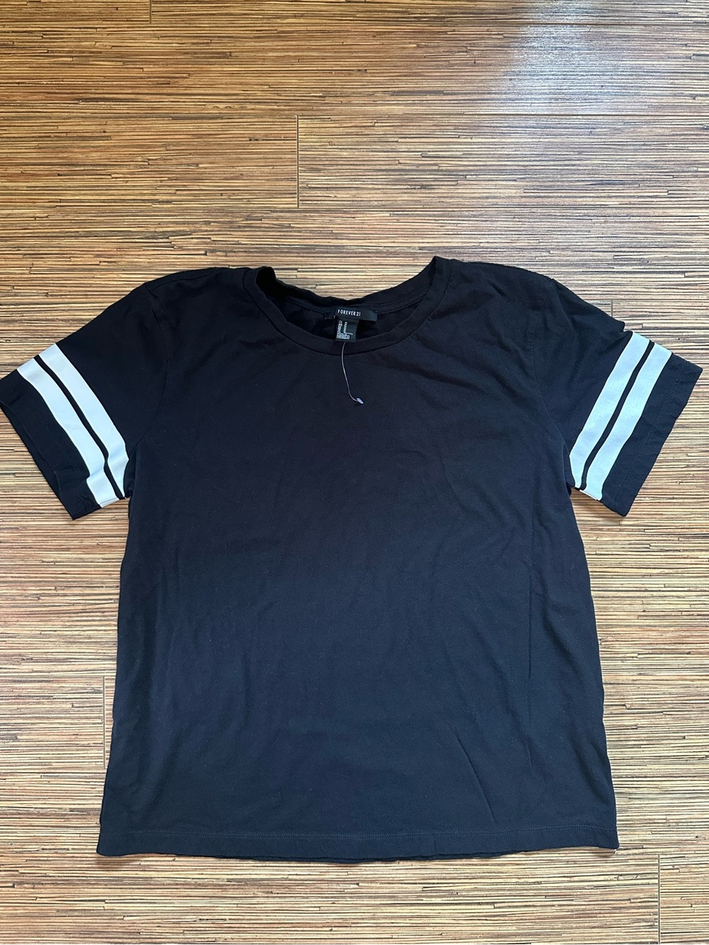 Casual Black Tee with White Sleeve Stripes - Forever 21 Medium